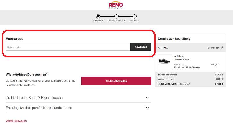 RENO Gutschein benutzen